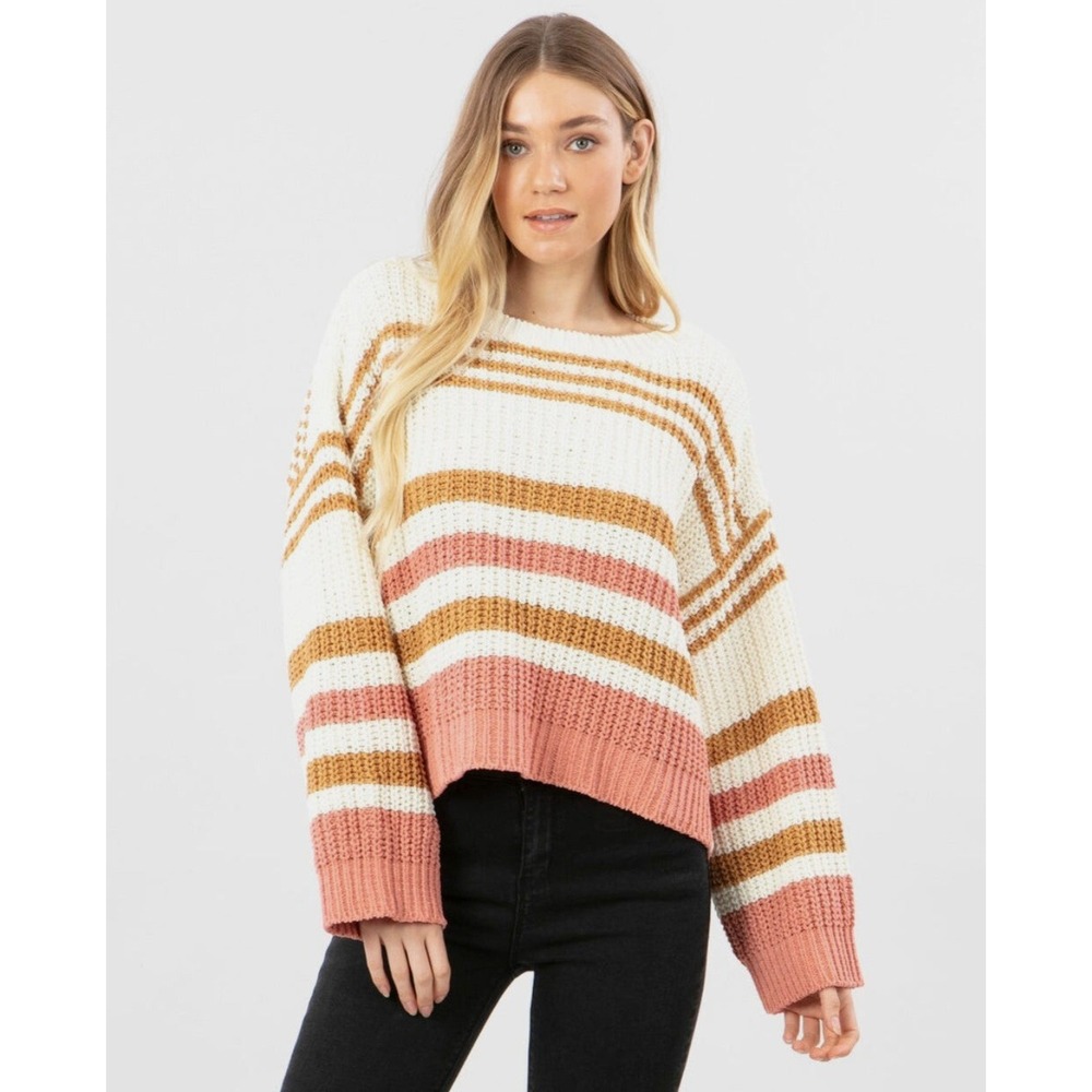 Rip Curl Womens Striped Chunky Knit Sweater Pink Tan White Crew Neck Size M